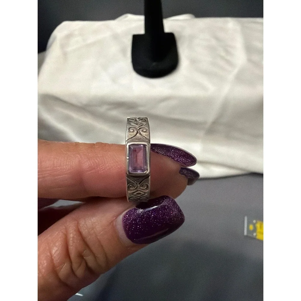 Sterling Silver Amethyst Scroll Engraved Band Ring Size 7.5 Purple Stone